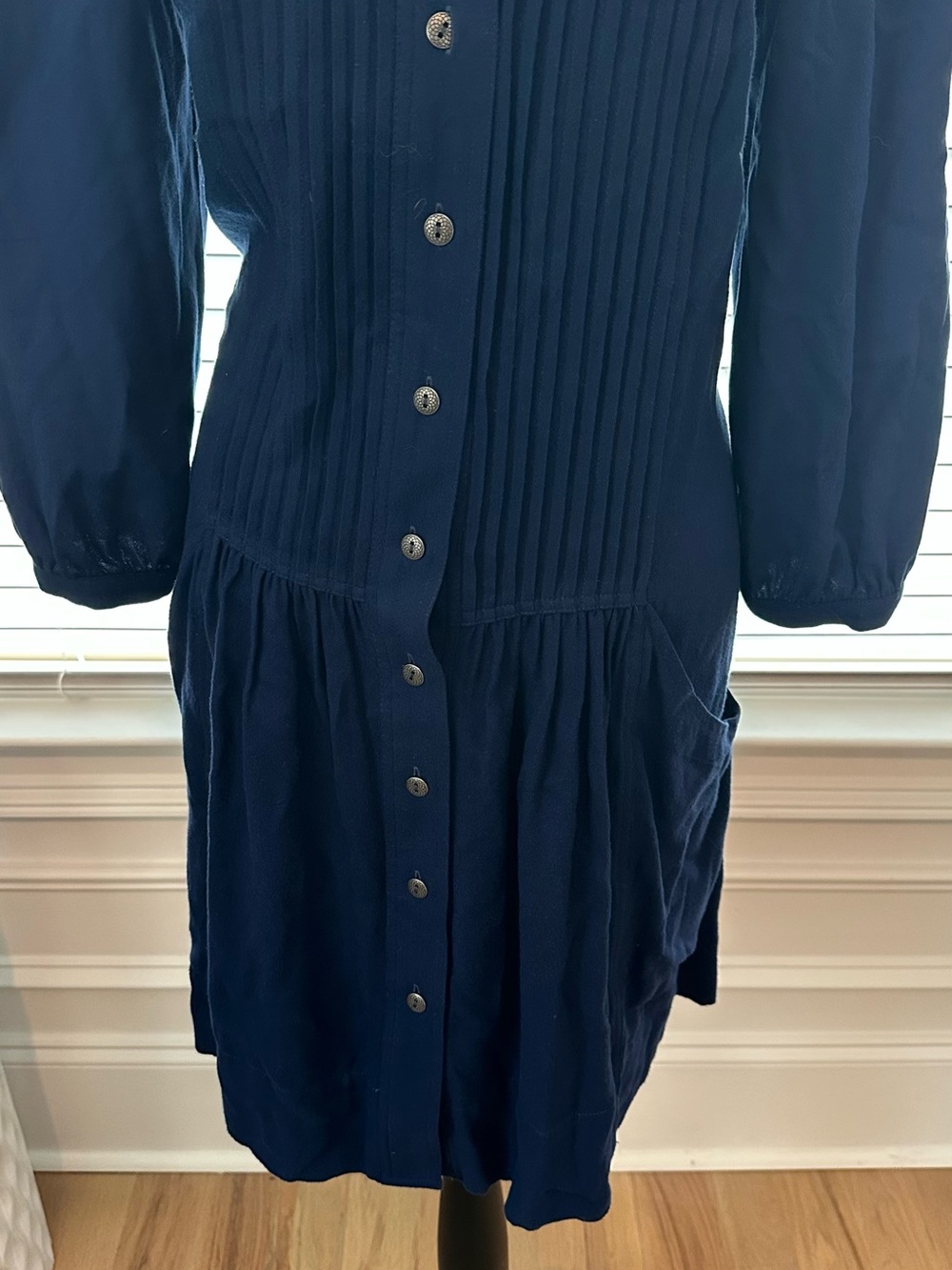 Anthropologie Navy Embroidered Yoke Button-Front Midi Dress - Picture 3 of 5